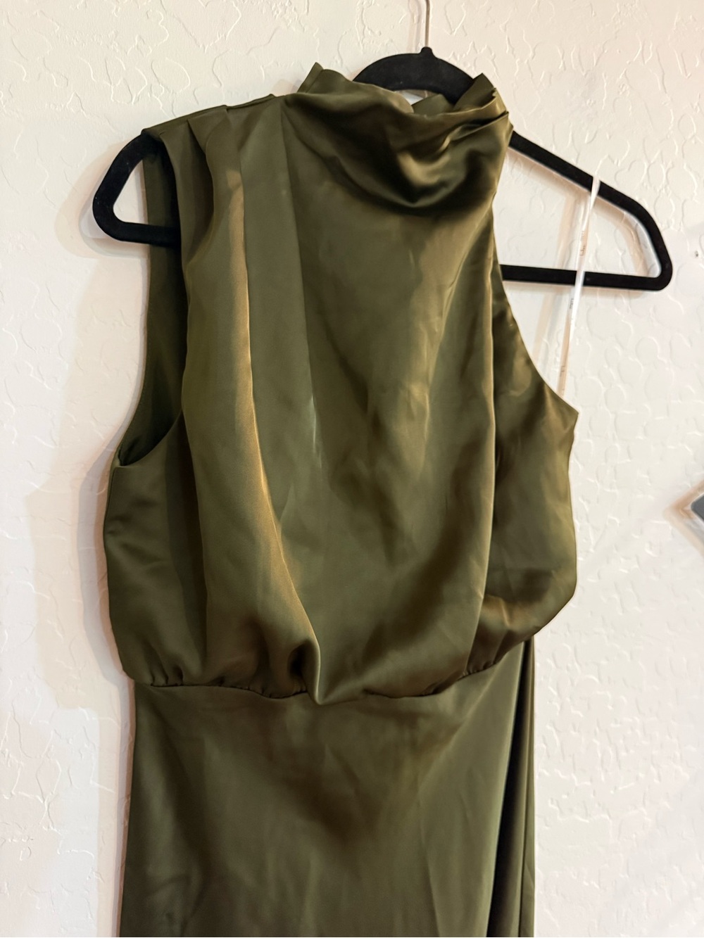 LULUS Distinctive Charm Olive Green Satin Asymmetrical Mock Neck Maxi Dress S - Picture 7 of 13